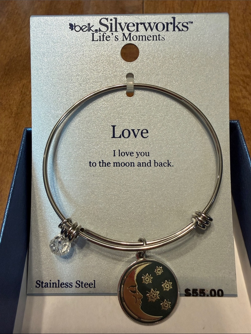 Silverworks Stainless Steel 'Love' Moon & Stars Charm Bangle - Silver